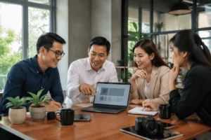 Chủ doanh nghiệp Việt Nam đang đánh giá sự phù hợp của website với hoạt động kinh doanh trong không gian văn phòng hiện đại