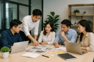 Nhân sự doanh nghiệp Việt Nam đang trao đổi và sắp xếp ý tưởng nội dung cho website trong không gian văn phòng hiện đại