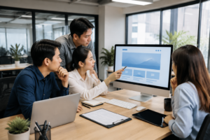 Nhân sự doanh nghiệp Việt Nam đang cùng nhau rà soát checklist nghiệm thu website trên màn hình máy tính trước khi ra mắt