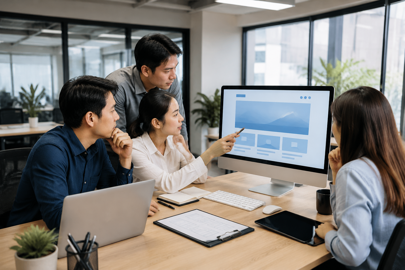 Nhân sự doanh nghiệp Việt Nam đang cùng nhau rà soát checklist nghiệm thu website trên màn hình máy tính trước khi ra mắt