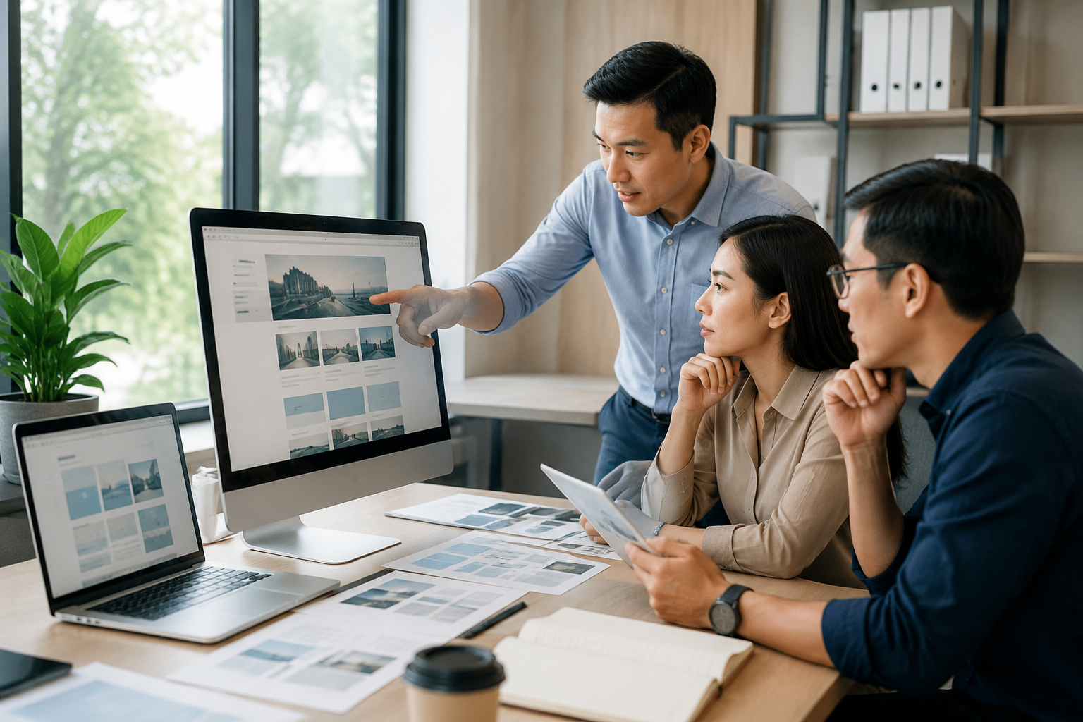 Nhân sự doanh nghiệp Việt Nam đang trao đổi và kiểm tra website trên máy tính trong không gian văn phòng hiện đại, thể hiện hoạt động quản trị website sau bàn giao