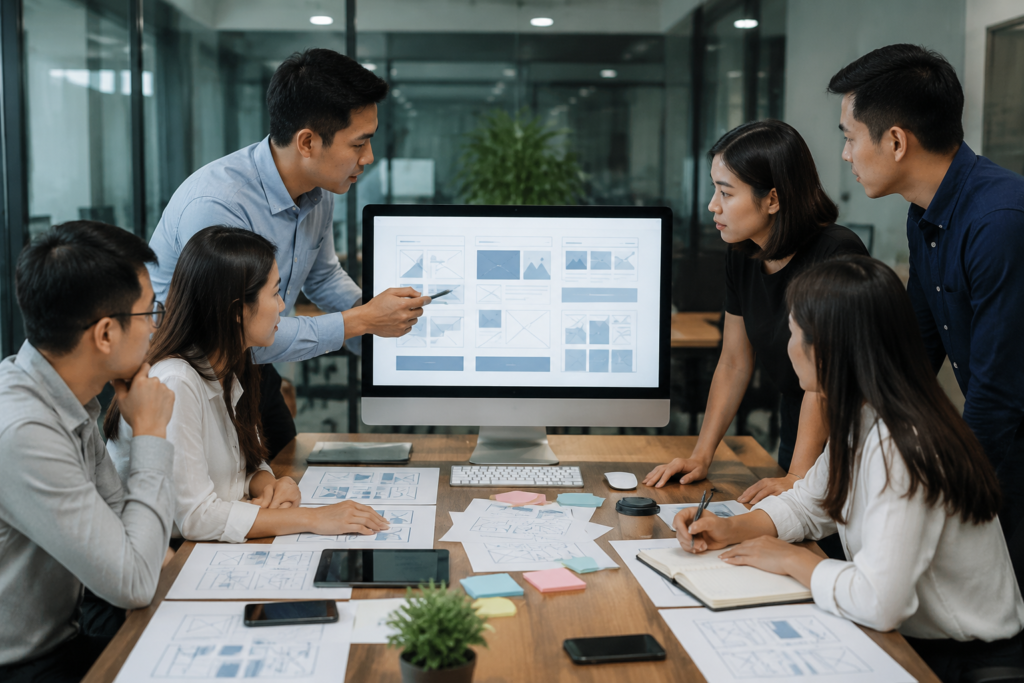 Một nhóm nhân sự doanh nghiệp Việt Nam đang thảo luận về kế hoạch xây dựng website trên màn hình máy tính lớn, thể hiện quá trình xác định cấu trúc nội dung và mục tiêu kinh doanh