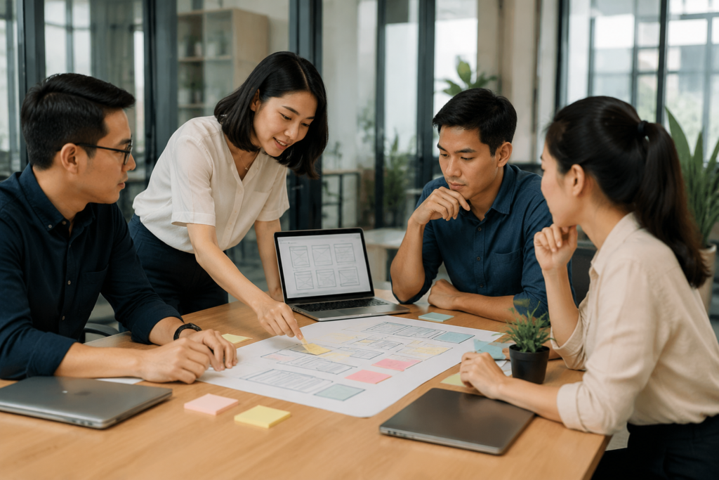 Nhóm chuyên gia doanh nghiệp Việt Nam đang trao đổi về cấu trúc website trước khi thiết kế trong không gian văn phòng hiện đại