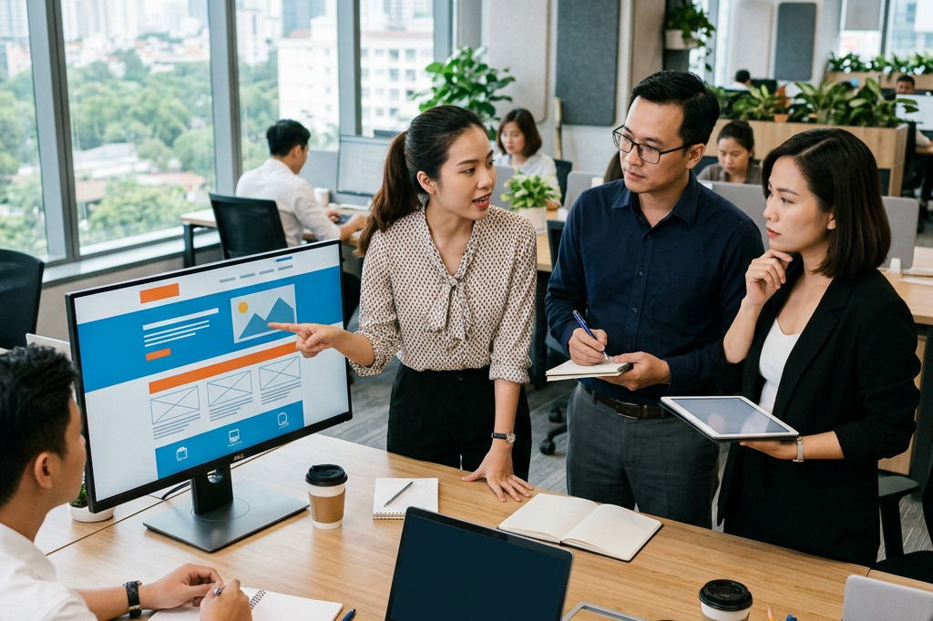Chuyên gia doanh nghiệp Việt Nam đang đánh giá lại website trên màn hình máy tính trong không gian văn phòng hiện đại, thể hiện quá trình xem xét có nên làm lại website cũ hay khôn