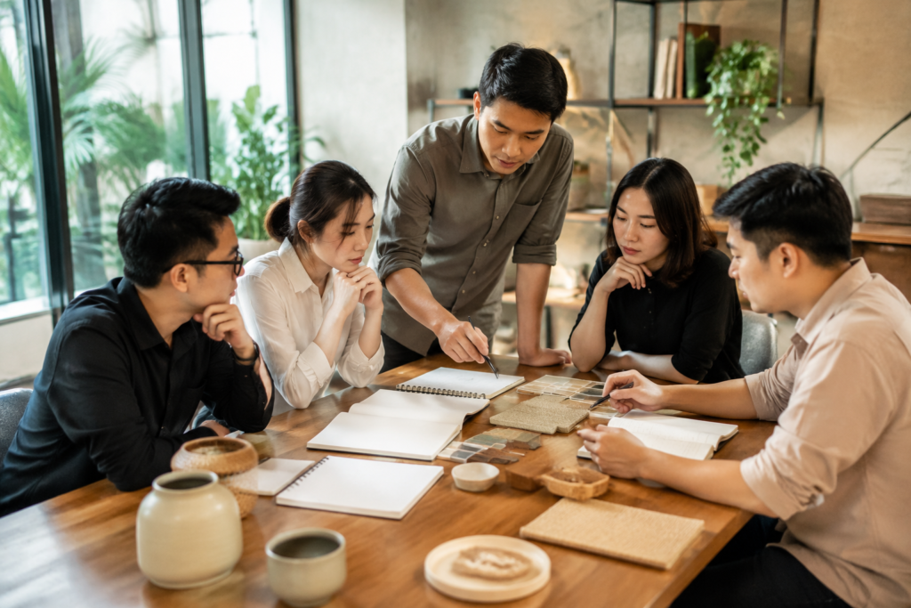 Đội ngũ doanh nghiệp Việt Nam đang trao đổi kế hoạch xây dựng website với các nhóm nguồn lực cần chuẩn bị trong không gian văn phòng hiện đại