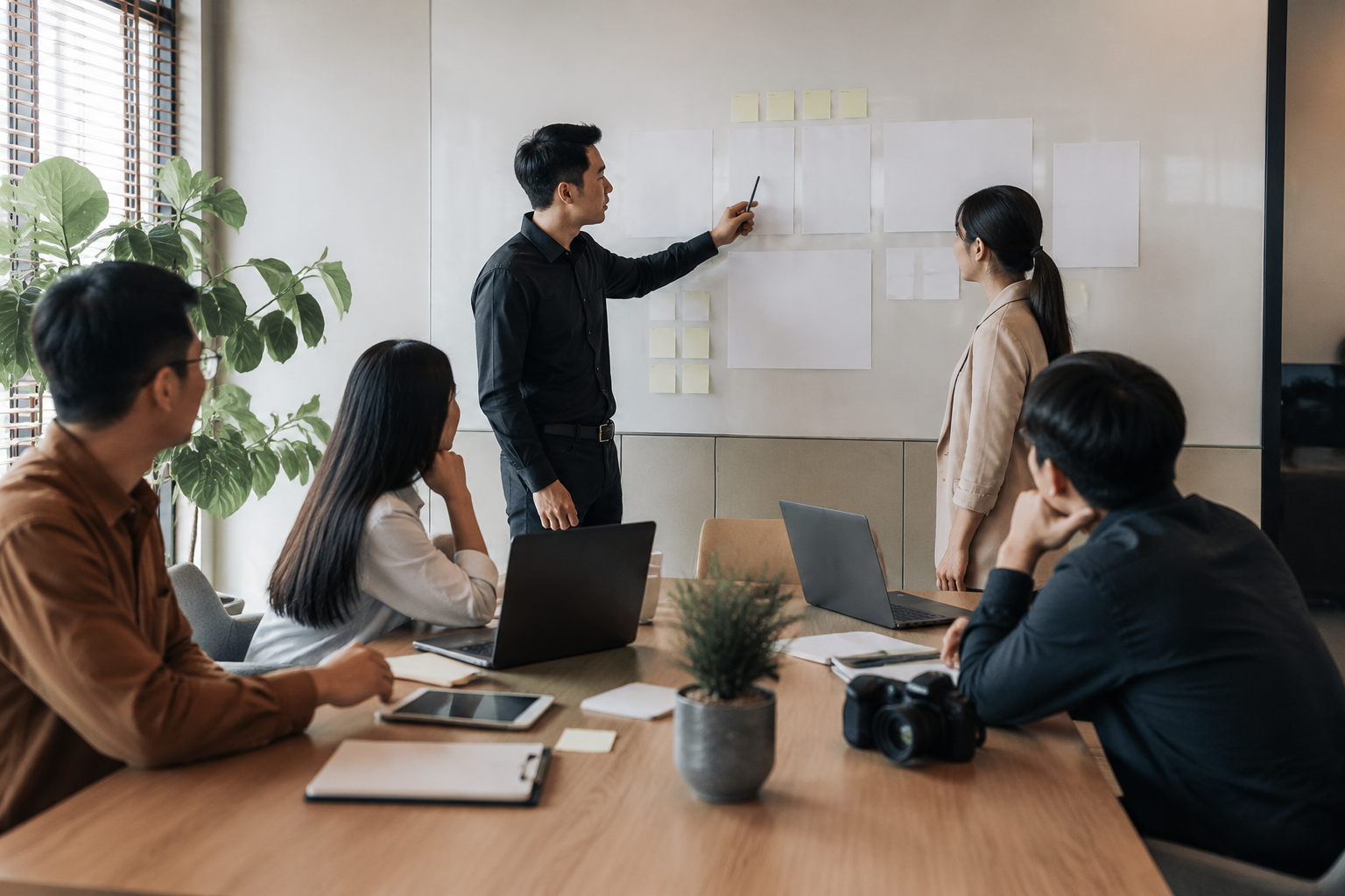Đội ngũ doanh nghiệp Việt Nam đang thảo luận mục tiêu website và hành trình khách hàng trong không gian văn phòng hiện đại