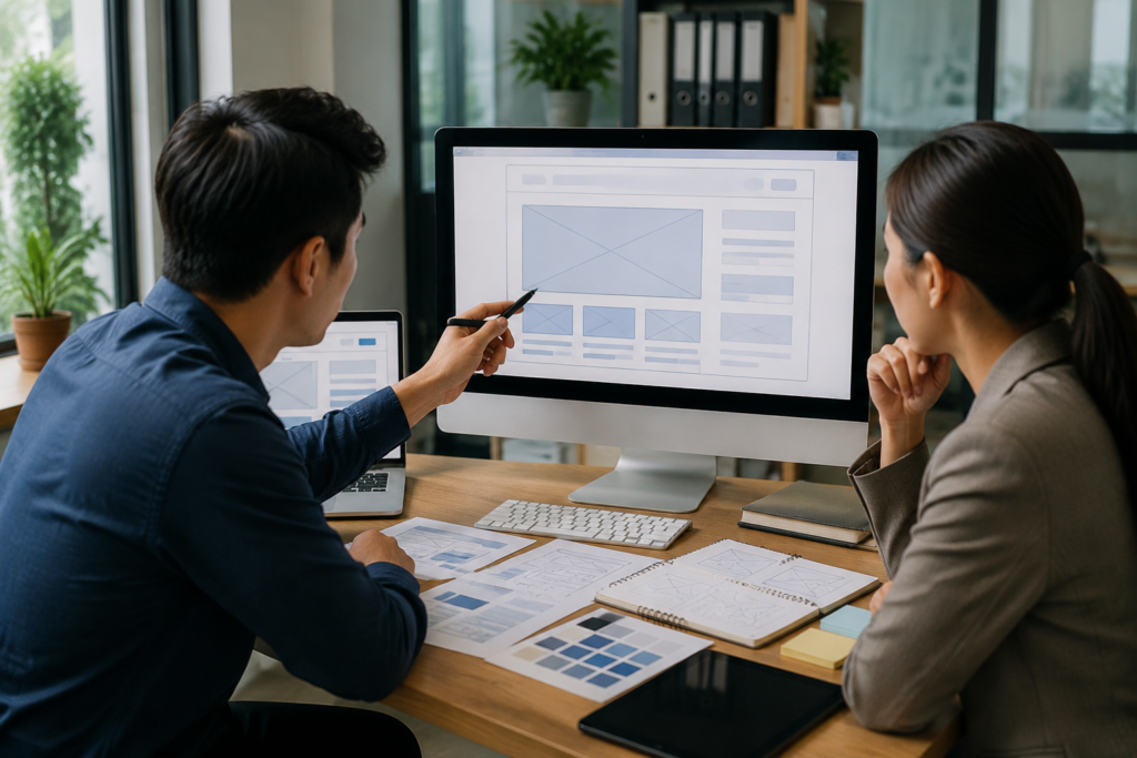Chuyên viên marketing và chủ doanh nghiệp Việt Nam đang trao đổi kế hoạch xây dựng website trên màn hình máy tính, thể hiện việc chuẩn bị SEO ngay từ giai đoạn thiết kế
