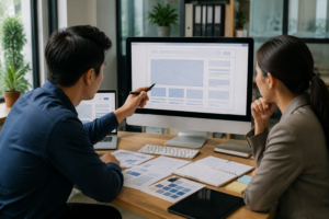 Chuyên viên marketing và chủ doanh nghiệp Việt Nam đang trao đổi kế hoạch xây dựng website trên màn hình máy tính, thể hiện việc chuẩn bị SEO ngay từ giai đoạn thiết kế