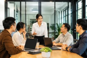 Nhóm nhân sự doanh nghiệp nhỏ tại Việt Nam đang phối hợp thảo luận kế hoạch xây dựng website trong không gian văn phòng hiện đại, thể hiện vai trò đầu mối quản lý dự án.