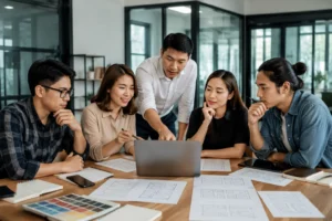 Nhóm chuyên gia Việt Nam đang trao đổi về thiết kế cấu trúc website trên máy tính trong không gian văn phòng hiện đại
