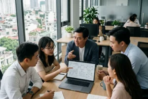 Chủ doanh nghiệp nhỏ tại Việt Nam đang trao đổi với đội ngũ về việc lựa chọn các chức năng phù hợp cho website doanh nghiệp trong không gian văn phòng hiện đại