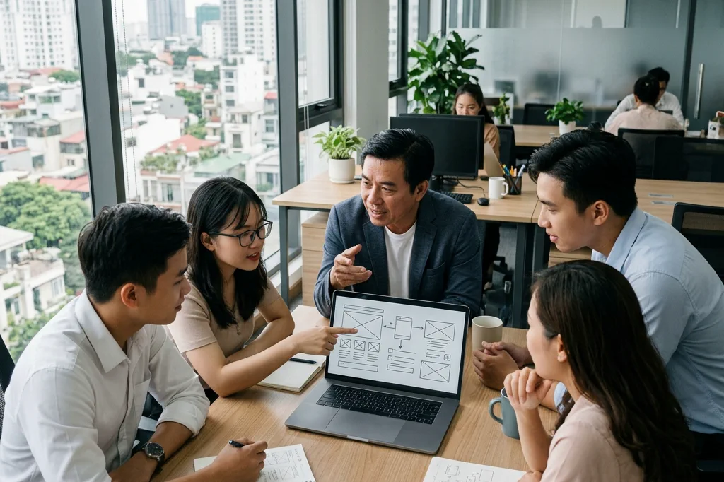 Chủ doanh nghiệp nhỏ tại Việt Nam đang trao đổi với đội ngũ về việc lựa chọn các chức năng phù hợp cho website doanh nghiệp trong không gian văn phòng hiện đại