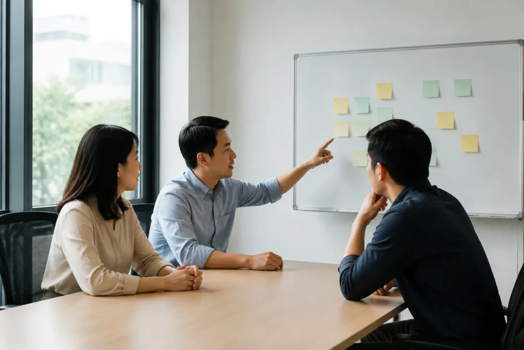 Nhóm doanh nghiệp Việt Nam ngồi thảo luận kế hoạch website trước khi gặp đơn vị thiết kế