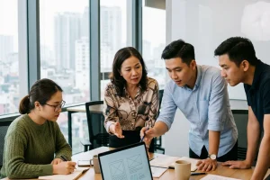 Chủ doanh nghiệp Việt Nam đang cùng đội ngũ trao đổi kế hoạch thiết kế website trước màn hình máy tính trong văn phòng hiện đại, thể hiện quá trình chuẩn bị brief và định hướng dự