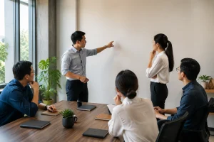 Nhóm lãnh đạo doanh nghiệp Việt Nam đang thảo luận định hướng website và mục tiêu kinh doanh trong không gian văn phòng hiện đại