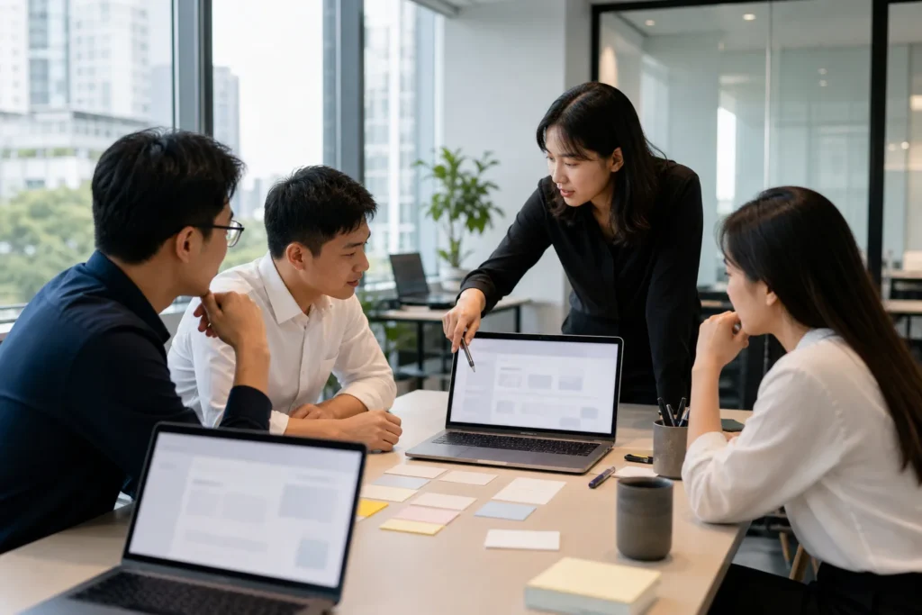 Nhóm nhân sự doanh nghiệp Việt Nam đang cùng phân tích cấu trúc website trên bàn làm việc hiện đại, thể hiện quá trình lên kế hoạch trải nghiệm người dùng trước khi thiết kế