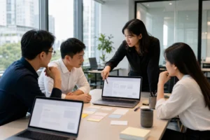 Nhóm nhân sự doanh nghiệp Việt Nam đang cùng phân tích cấu trúc website trên bàn làm việc hiện đại, thể hiện quá trình lên kế hoạch trải nghiệm người dùng trước khi thiết kế