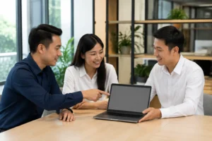 Nhân sự doanh nghiệp Việt Nam trong buổi bàn giao website, cùng kiểm tra các bước tiếp nhận quyền quản lý và vận hành sau dự án trong văn phòng hiện đại