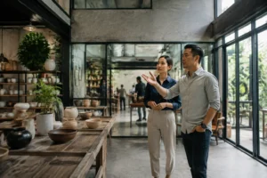 Góc nhìn rộng về chủ doanh nghiệp Việt Nam cùng chuyên gia website đang khảo sát không gian kinh doanh để xác định mục tiêu triển khai website phù hợp