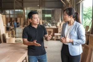 Chủ doanh nghiệp Việt Nam đang quan sát không gian vận hành thực tế của công ty cùng chuyên viên tư vấn để xác định nhu cầu website trước khi triển khai.