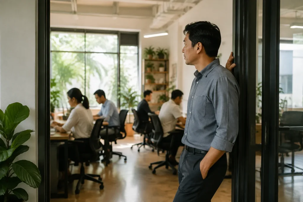 Chủ doanh nghiệp Việt Nam đứng tại cửa ra vào văn phòng nhìn vào không gian làm việc bên trong, tư thế dừng lại và quan sát — thể hiện giai đoạn đánh giá trước khi đưa ra quyết địn