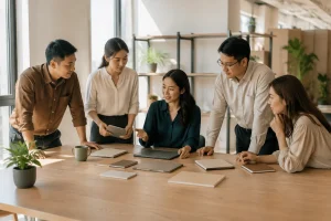 Nhóm nhân sự doanh nghiệp Việt Nam phối hợp phân chia vai trò quản lý nội dung website trong không gian làm việc hiện đại, thể hiện việc xây dựng quy trình chịu trách nhiệm và phê
