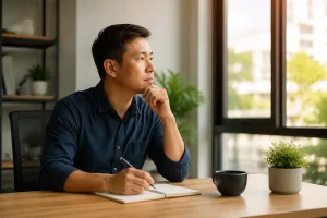 Chủ doanh nghiệp Việt Nam ngồi một mình tại bàn làm việc cá nhân trong văn phòng nhỏ, đang quan sát và ghi chú vào một tờ giấy trắng trong khi nhìn ra ngoài cửa sổ, thể hiện quá tr
