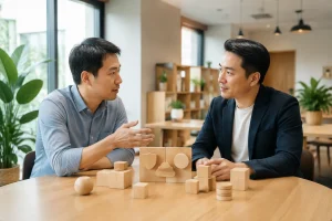 Chủ doanh nghiệp Việt Nam trao đổi với chuyên gia tư vấn trong không gian làm việc yên tĩnh, cùng xem các nhóm tài sản kỹ thuật số được mô phỏng bằng vật thể trừu tượng trên bàn, t