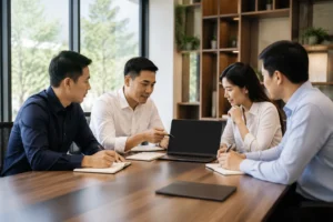 Nhóm doanh nghiệp Việt Nam đang trao đổi mục tiêu dự án website trong một buổi họp chuyên nghiệp tại văn phòng hiện đại