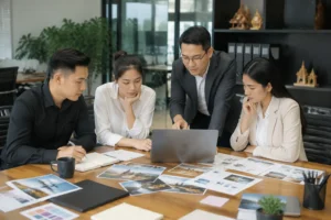 Doanh nghiệp Việt Nam đang cân nhắc lựa chọn giữa landing page và website doanh nghiệp với đội ngũ marketing trao đổi trước màn hình máy tính