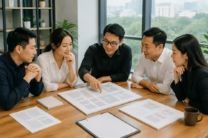 Nhóm chuyên gia doanh nghiệp Việt Nam đang trao đổi về kế hoạch triển khai website trong không gian văn phòng hiện đại