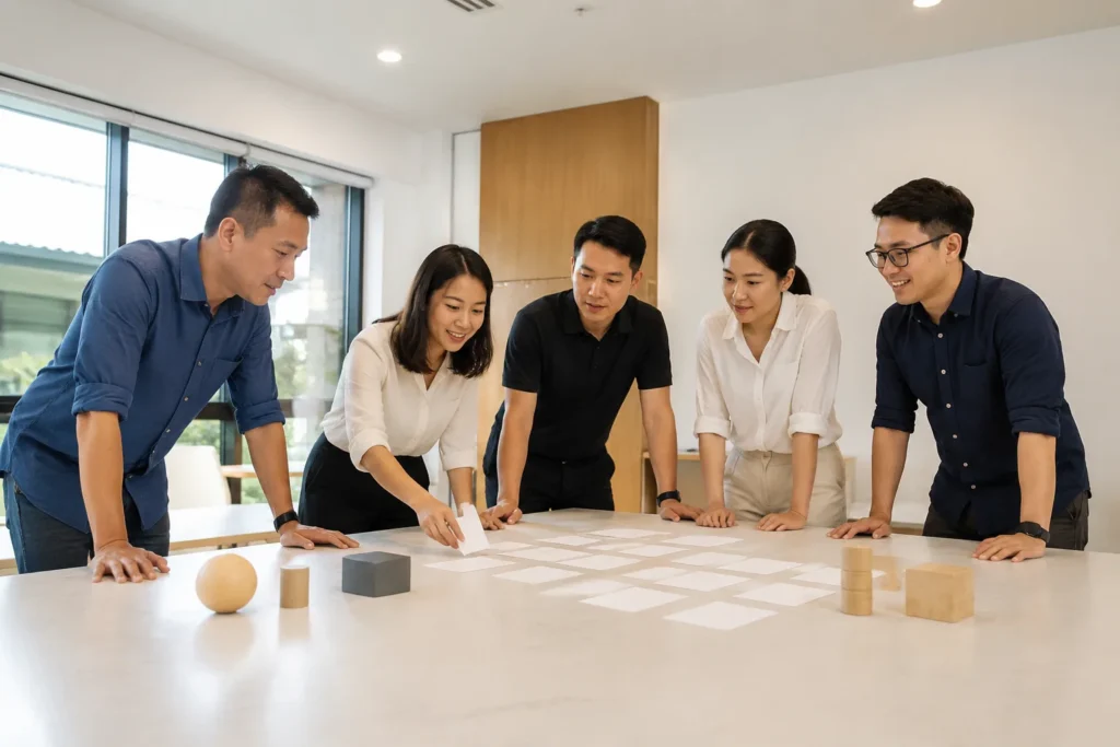 Đội ngũ nhân sự doanh nghiệp Việt Nam cùng chuyên viên tư vấn website đang trao đổi trong không gian đào tạo nhỏ, một người trình bày luồng làm việc bằng các thẻ màu trơn không có