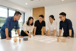 Đội ngũ nhân sự doanh nghiệp Việt Nam cùng chuyên viên tư vấn website đang trao đổi trong không gian đào tạo nhỏ, một người trình bày luồng làm việc bằng các thẻ màu trơn không có