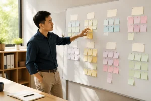 Nhân sự doanh nghiệp Việt Nam đứng trước bảng phân loại các nhóm trang website trong không gian làm việc sáng tạo, thể hiện quá trình kiểm kê và phân nhóm nội dung trước khi redesi
