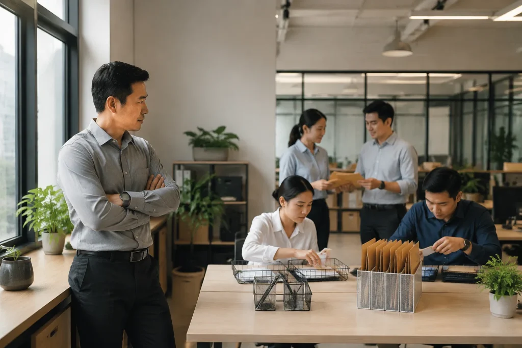 Nhân sự doanh nghiệp Việt Nam quan sát luồng tiếp nhận yêu cầu khách hàng trong không gian vận hành hiện đại, thể hiện việc kết nối giữa điểm gửi thông tin trên website và quy trìn