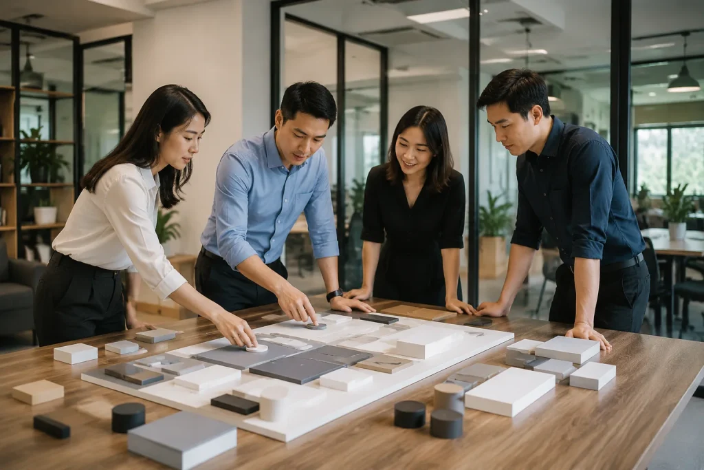 Nhóm nhân sự doanh nghiệp Việt Nam cùng chuyên viên tư vấn đang xây dựng định hướng website trên bàn làm việc với các mô hình khối trừu tượng không chữ, thể hiện việc chuẩn bị cấu
