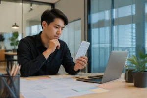 Chuyên gia thiết kế website tại Việt Nam đang nghiên cứu trải nghiệm người dùng trên điện thoại trong không gian làm việc hiện đại