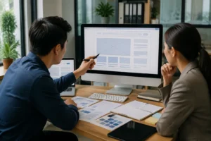 Chuyên viên marketing và chủ doanh nghiệp Việt Nam đang trao đổi kế hoạch xây dựng website trên màn hình máy tính, thể hiện việc chuẩn bị SEO ngay từ giai đoạn thiết kế
