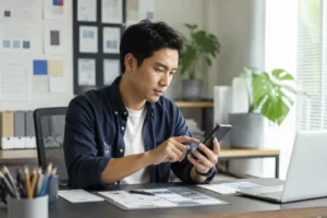Chuyên viên thiết kế website Việt Nam kiểm tra bố cục giao diện trên điện thoại trong không gian làm việc sáng tạo, tập trung vào việc sắp xếp trải nghiệm mobile-first trước khi tr