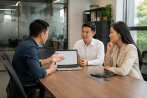 Chủ doanh nghiệp Việt Nam trao đổi với chuyên gia tư vấn website về mục tiêu kinh doanh và hướng triển khai trong không gian văn phòng hiện đại