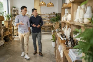 Chủ doanh nghiệp Việt Nam quan sát không gian kinh doanh và trao đổi với chuyên gia tư vấn website trong giai đoạn đánh giá nhu cầu triển khai, thể hiện quá trình lựa chọn đơn vị t