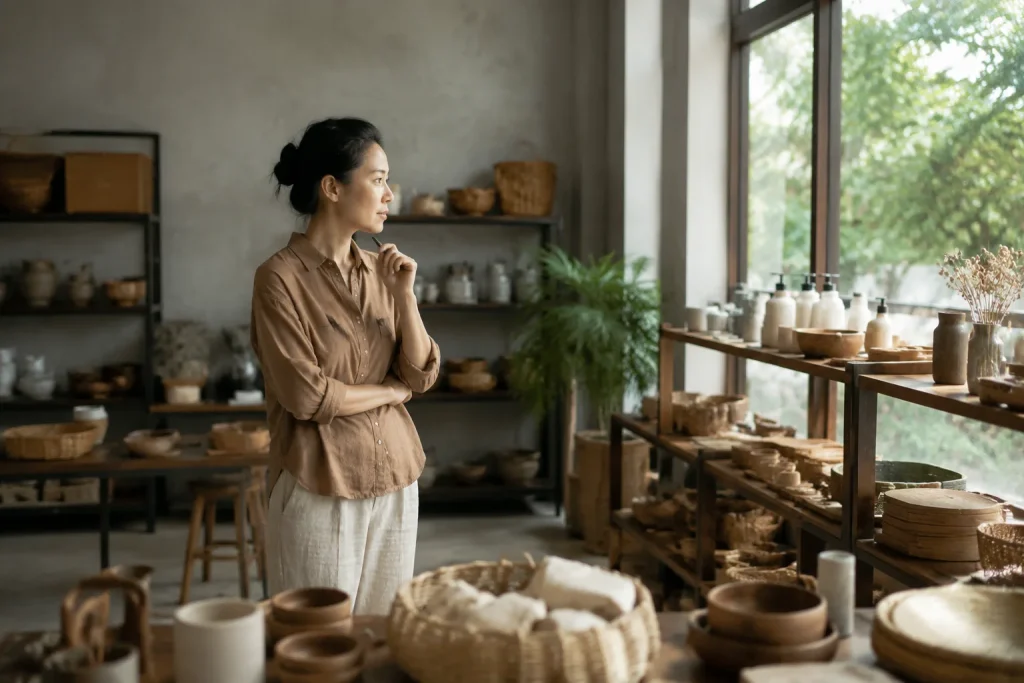 Chủ doanh nghiệp Việt Nam đứng trước kệ trưng bày sản phẩm trong showroom, tay cầm bút và nhìn bao quát toàn bộ khu vực hàng hóa, thể hiện quá trình rà soát danh mục sản phẩm trước