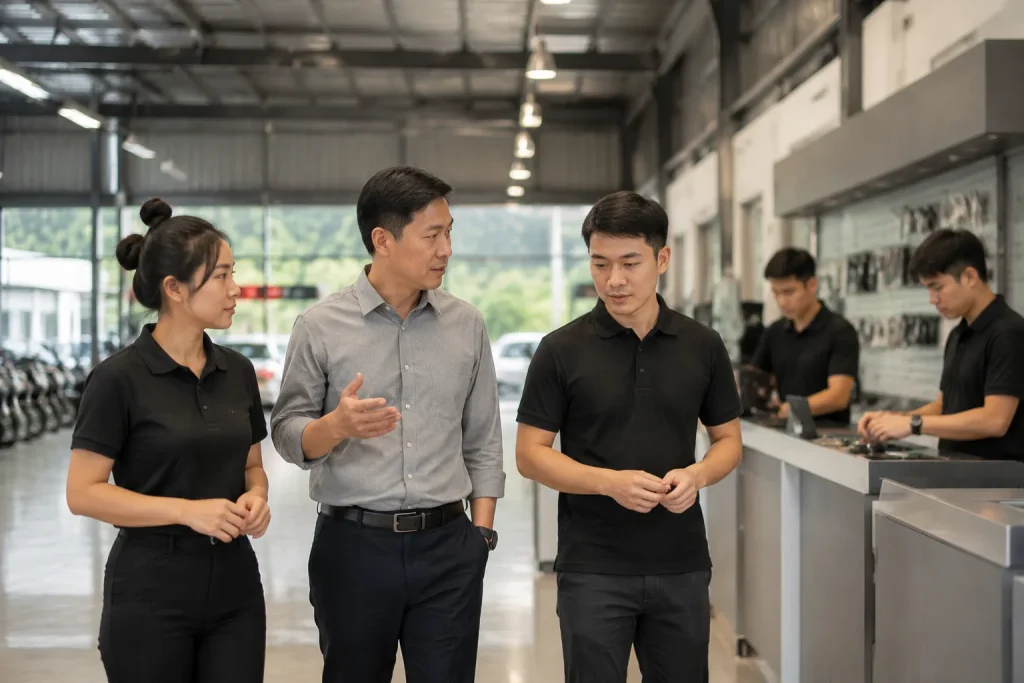 Chủ doanh nghiệp Việt Nam kiểm tra luồng vận hành của website cùng đội ngũ nhân viên tại khu vực làm việc thực tế, quan sát cách khách hàng được tiếp nhận và xử lý thông tin trong