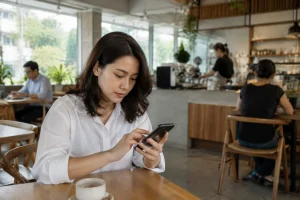 Người dùng Việt Nam trải nghiệm website trên điện thoại trong không gian đời thường, thể hiện việc ưu tiên thiết kế mobile-first trước khi xây dựng giao diện cho doanh nghiệp.