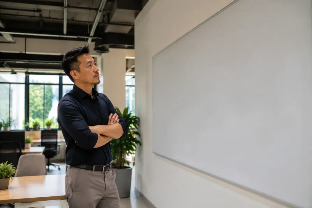 Chủ doanh nghiệp Việt Nam đứng trước bảng trắng phân tích cấu trúc website, nhìn từ góc rộng thể hiện quá trình đánh giá tổng thể