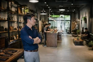 Góc nhìn rộng trong một cửa hàng dịch vụ nhỏ tại Việt Nam, chủ doanh nghiệp đang quan sát cách khách hàng di chuyển và tìm kiếm thông tin trong không gian thực tế, thể hiện việc đá