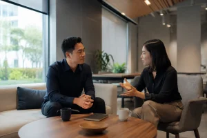 Hai đại diện doanh nghiệp Việt Nam trao đổi về hướng tiếp cận website trong không gian văn phòng hiện đại, thể hiện sự khác biệt giữa tư vấn dịch vụ B2B và bán hàng trực tuyến.