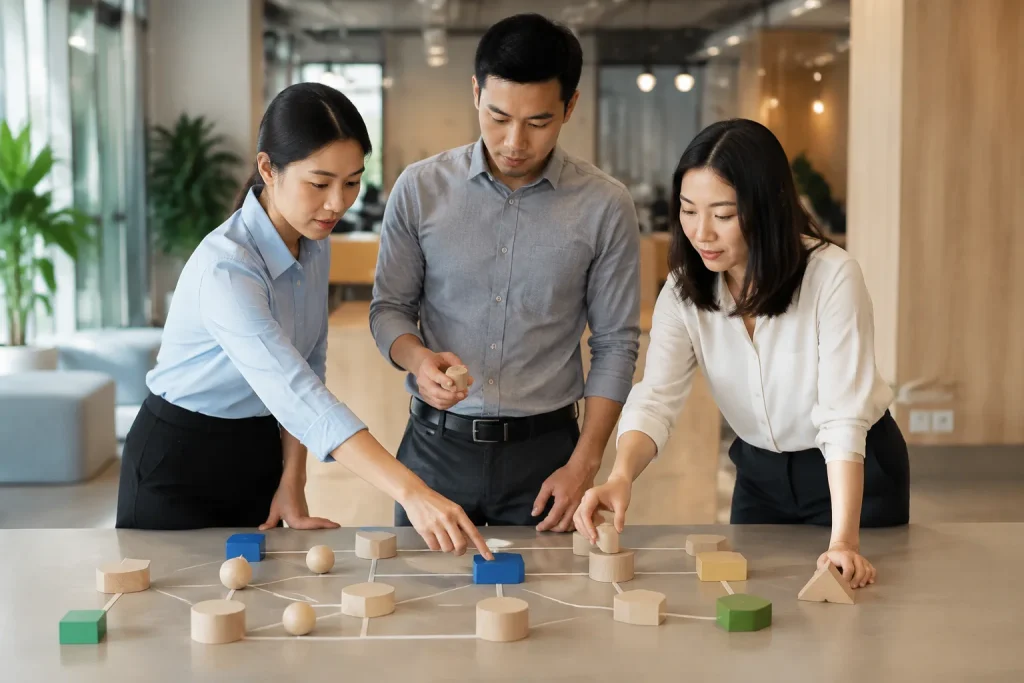 Đội ngũ doanh nghiệp Việt Nam quan sát luồng tiếp nhận thông tin khách hàng trong không gian làm việc hiện đại, thể hiện sự chuẩn bị quy trình trước khi kết nối website với công cụ