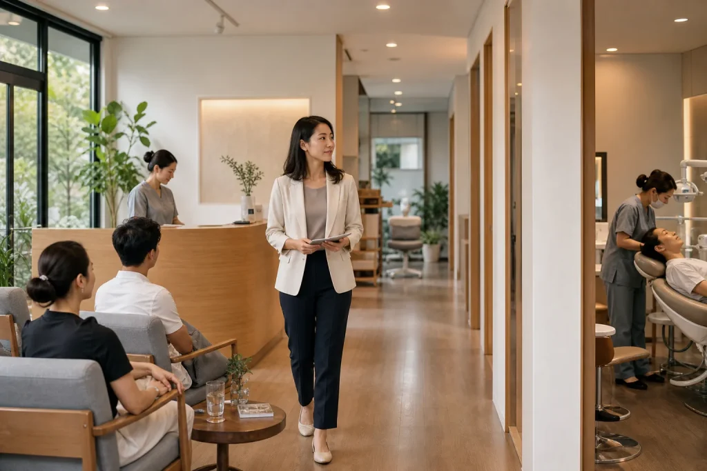 Không gian tiếp nhận khách hàng tại một doanh nghiệp dịch vụ Việt Nam, nơi nhân viên quan sát và sắp xếp các khu vực phục vụ khác nhau để hiểu cách khách hàng di chuyển qua từng đi