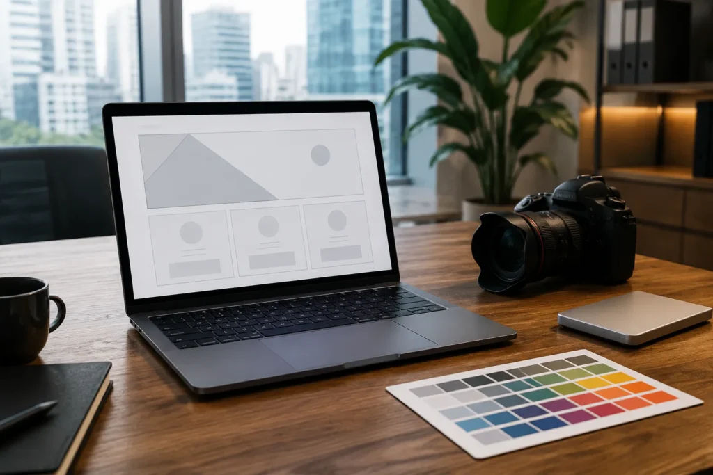 Không gian làm việc chuyên nghiệp chuẩn bị tài nguyên thiết kế website với máy tính và thiết bị lưu trữ